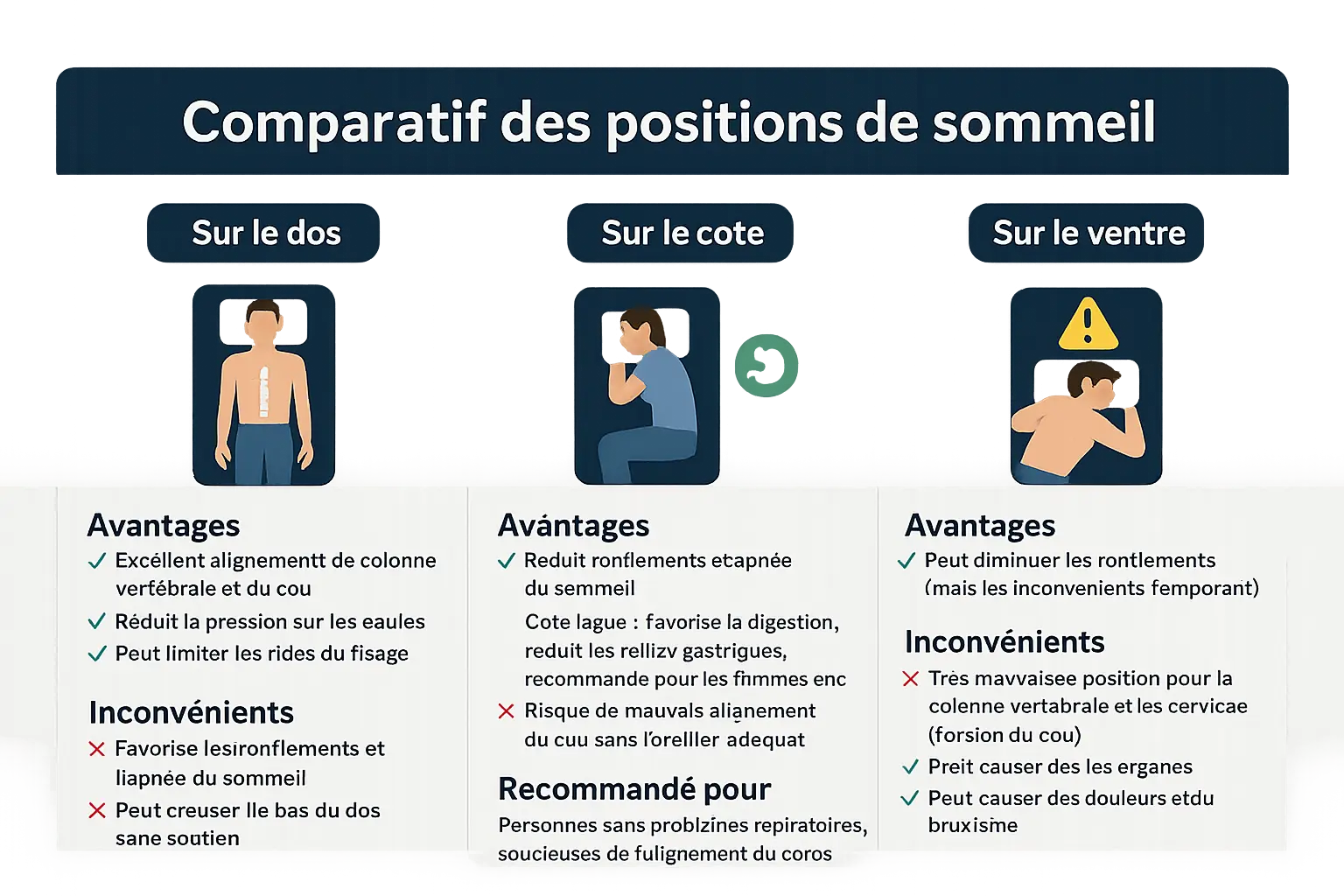 Comparatif visuel des positions de sommeil avec avantages et inconvénients