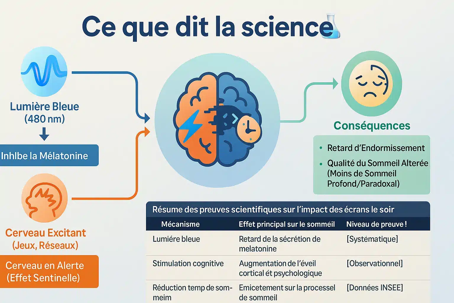 Schéma expliquant l'effet de la lumière bleue sur le cerveau et la production de mélatonine