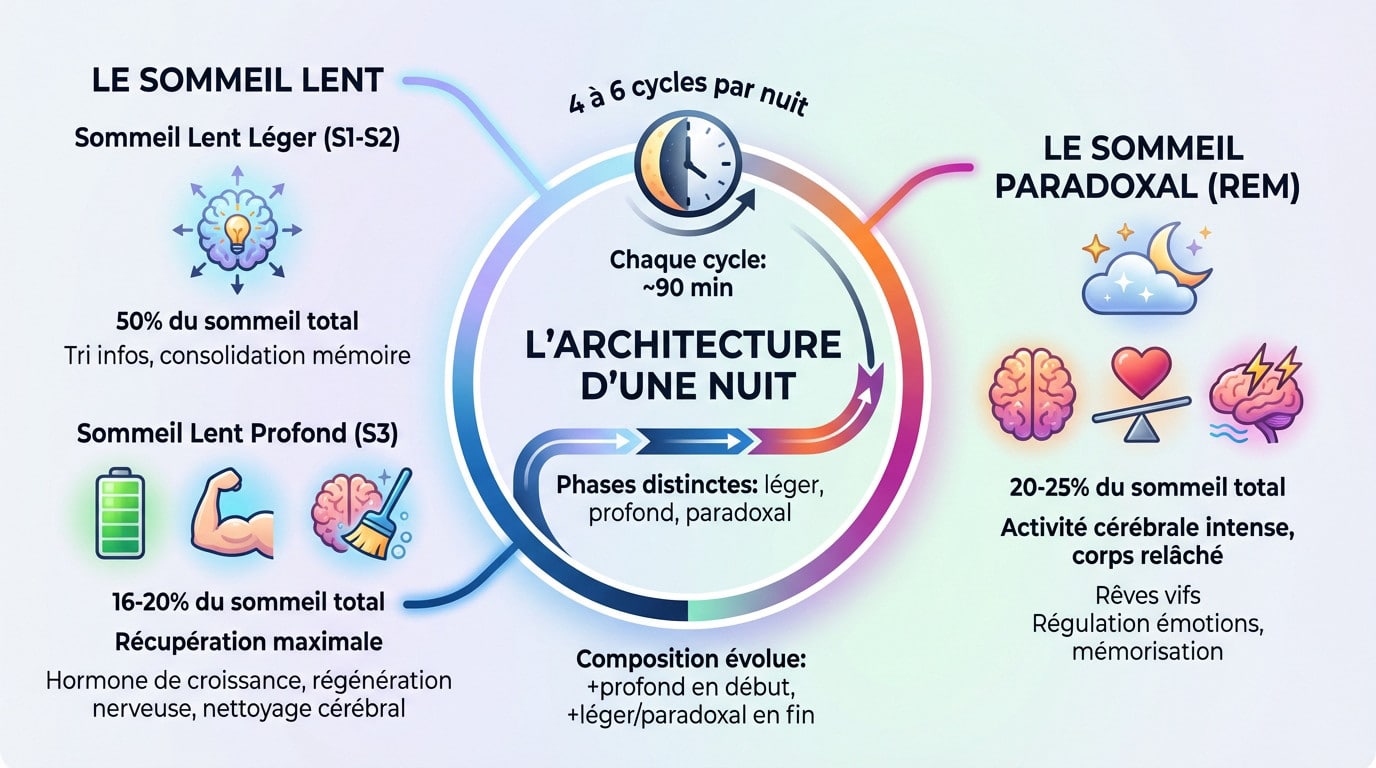 Graphique illustrant l'hypnogramme et l'alternance des phases de sommeil léger, profond et paradoxal au cours d'une nuit