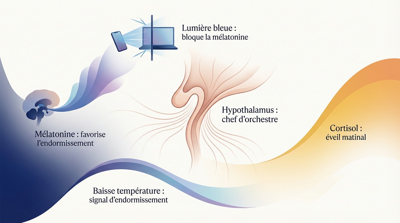 Schéma du cycle circadien montrant l'influence de la lumière sur l'horloge biologique et le sommeil