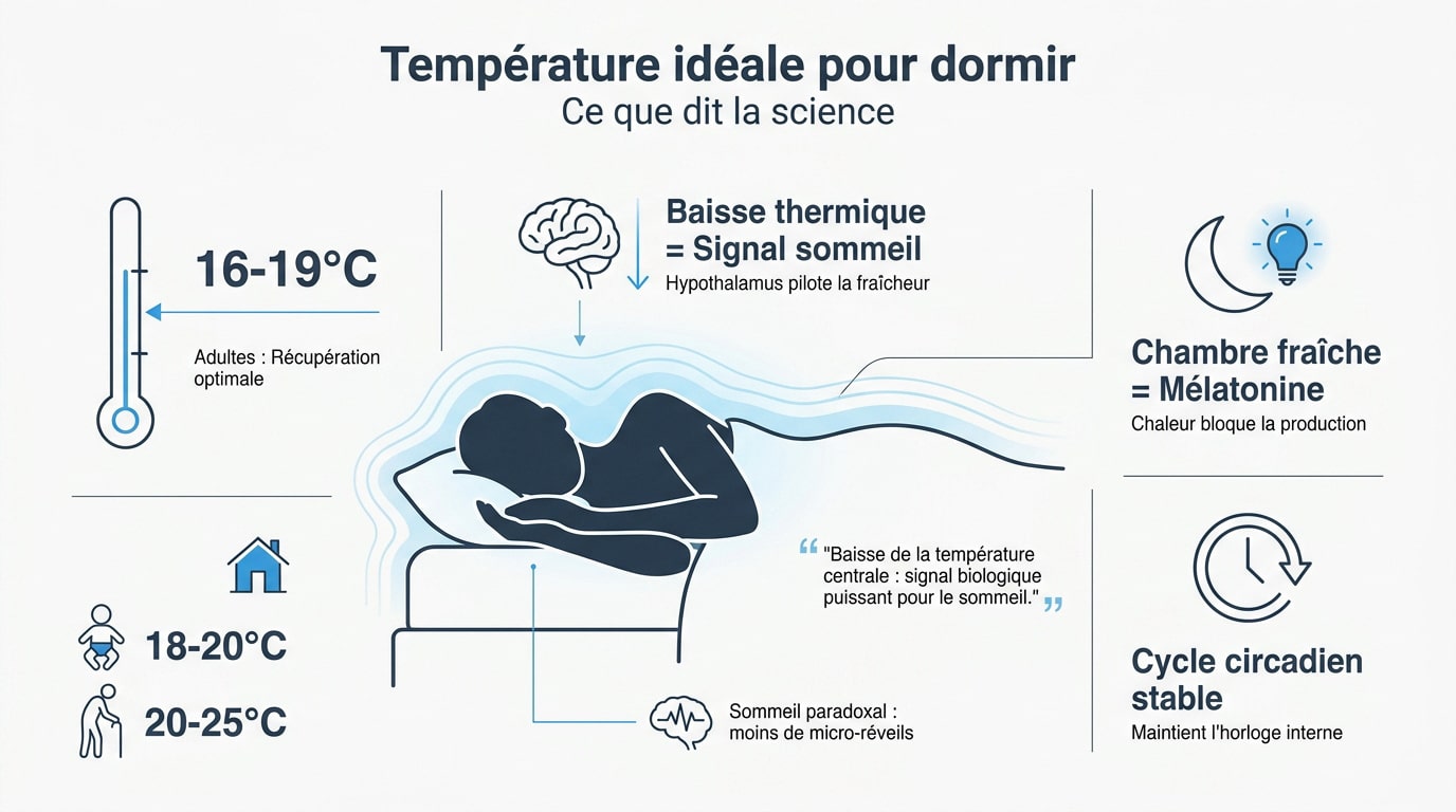 Infographie sur la température idéale pour dormir, détaillant les recommandations pour adultes, bébés et seniors, et les bienfaits scientifiques.